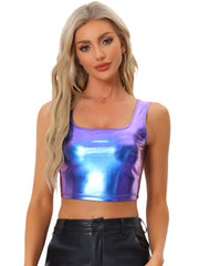 Sleeveless U Neck Party Holographic Shiny Metallic Crop Top