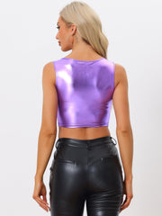 Sleeveless U Neck Party Holographic Shiny Metallic Crop Top