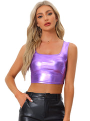 Sleeveless U Neck Party Holographic Shiny Metallic Crop Top