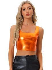 Sleeveless U Neck Party Holographic Shiny Metallic Crop Top