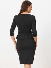 3/4 Sleeve Midi Bodycon Peplum Sheath Pencil Dress