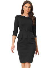 3/4 Sleeve Midi Bodycon Peplum Sheath Pencil Dress