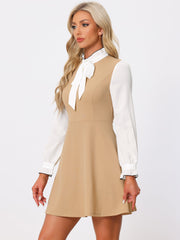 Patchwork Contrast Color Long Sleeve Tie Neck Mini Dress