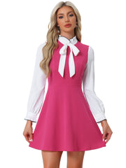 Patchwork Contrast Color Long Sleeve Tie Neck Mini Dress