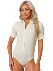 Button Down Leotard Shirt Short Sleeve Collared Business Work Bodysuit