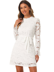 Lace Floral Ruffle Crew Neck Cocktail Mini Dress