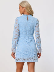 Lace Floral Ruffle Crew Neck Cocktail Mini Dress