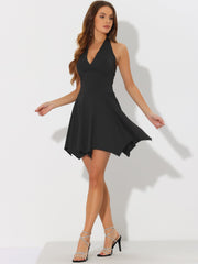 Halter Deep V Neck Sleeveless Solid Skater Mini Dress