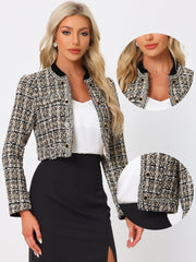 Stand Collar Double Breasted Elegant Plaid Tweed Crop Jacket