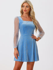 Sheer Puff Sleeve Square Neck Glitter Metallic Star Velvet Mini Dress