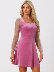 Sheer Puff Sleeve Square Neck Glitter Metallic Star Velvet Mini Dress