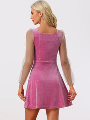 Sheer Puff Sleeve Square Neck Glitter Metallic Star Velvet Mini Dress