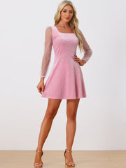 Sheer Puff Sleeve Square Neck Glitter Metallic Star Velvet Mini Dress
