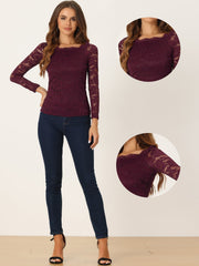 Off Shoulder Floral Lace Top Sheer Long Sleeves Casual Blouse