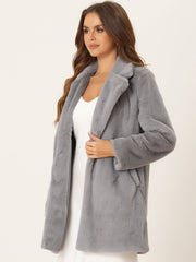 Lapel Collar Faux Fur Fuzzy Winter Warm Pockets Coat