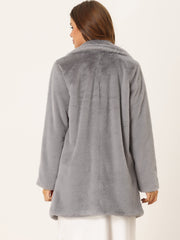 Lapel Collar Faux Fur Fuzzy Winter Warm Pockets Coat