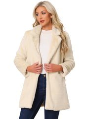 Lapel Collar Faux Fur Fuzzy Winter Warm Pockets Coat