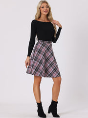Vintage Plaid Tartan Elastic Waist Knee Length A-Line Skirt