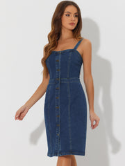 Button Down Denim Sleeveless Sweetheart Neck Jeans Dress