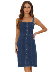 Button Down Denim Sleeveless Sweetheart Neck Jeans Dress