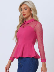 Mesh Sheer Long Sleeve Blouse Turn Down Collar Keyhole Peplum Top