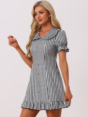 Gingham Checks Ruffled Peter Pan Collar 1960s Vintage Mini Dress