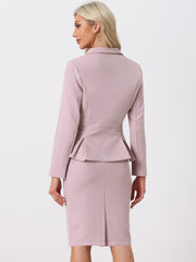 Long Sleeve Notched Lapel Peplum Blazer Pencil Skirt 2 Piece Set