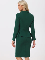 2 Piece Long Sleeve Notched Lapel Peplum Blazer Pencil Skirt Suit Set