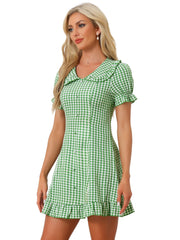 Gingham Checks Ruffled Peter Pan Collar 1960s Vintage Mini Dress
