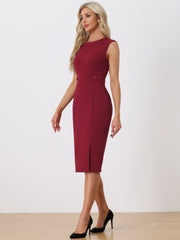 Round Neck Slim Fit Sleeveless Split Work Pencil Sheath Dress