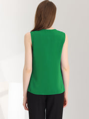 Sleeveless Work Top Pleated Chiffon V Neck Blouse