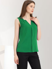 Sleeveless Work Top Pleated Chiffon V Neck Blouse