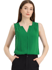 Sleeveless Work Top Pleated Chiffon V Neck Blouse
