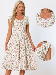 Summer Petal Sleeve Boho Floral Print Midi Dress