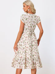 Summer Petal Sleeve Boho Floral Print Midi Dress