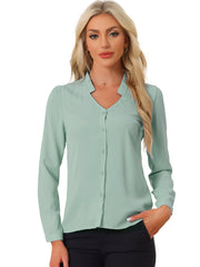 Work Office Blouse Button Up Long Sleeve V Neck Chiffon Shirt