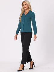 Work Office Blouse Button Up Long Sleeve V Neck Chiffon Shirt