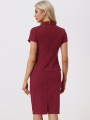 2 Piece Short Sleeve Notched Lapel Blazer Jacket & Pencil Midi Skirt Suit Set