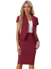 2 Piece Short Sleeve Notched Lapel Blazer Jacket & Pencil Midi Skirt Suit Set