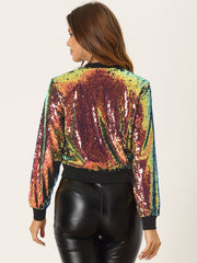 Sequin Long Sleeve Zipper Up Collarless Glitter Bomber Jacket
