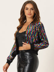 Sequin Long Sleeve Zipper Up Collarless Glitter Bomber Jacket