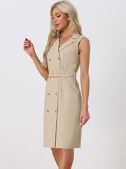Sleeveless Notched Lapel Double Breasted Belted Office Blazer Dress