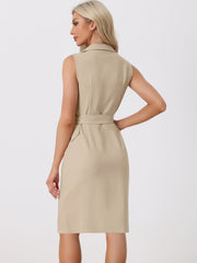 Sleeveless Notched Lapel Double Breasted Belted Office Blazer Dress
