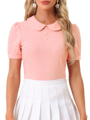 Peter Pan Collar Contrast Trim Puff Sleeve Blouse