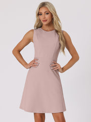 Round Neck Solid Color Sleeveless A-Line Work Midi Dress