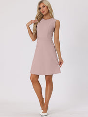 Round Neck Solid Color Sleeveless A-Line Work Midi Dress