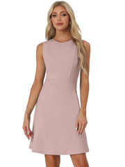Round Neck Solid Color Sleeveless A-Line Work Midi Dress