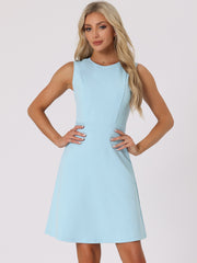 Round Neck Solid Color Sleeveless A-Line Work Midi Dress