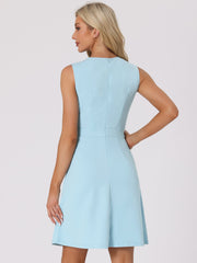 Round Neck Solid Color Sleeveless A-Line Work Midi Dress