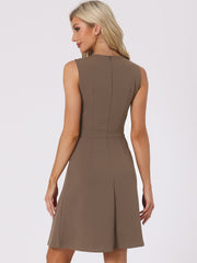 Round Neck Solid Color Sleeveless A-Line Work Midi Dress